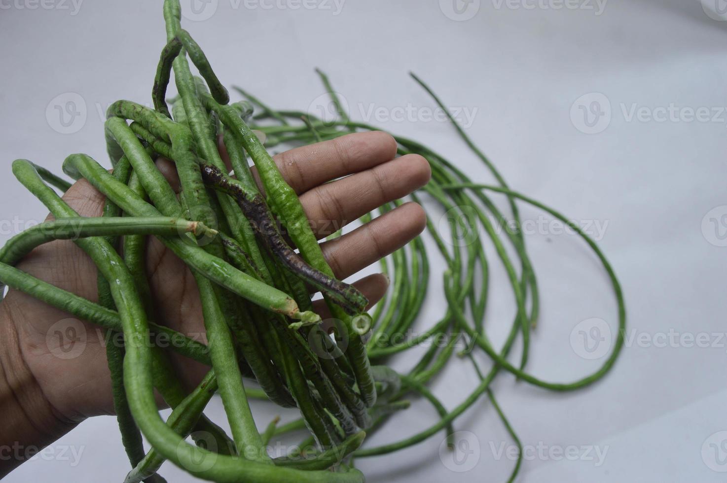 hand holding string beans on a white background. food material. source of vitamins. food menu for iftar. photo