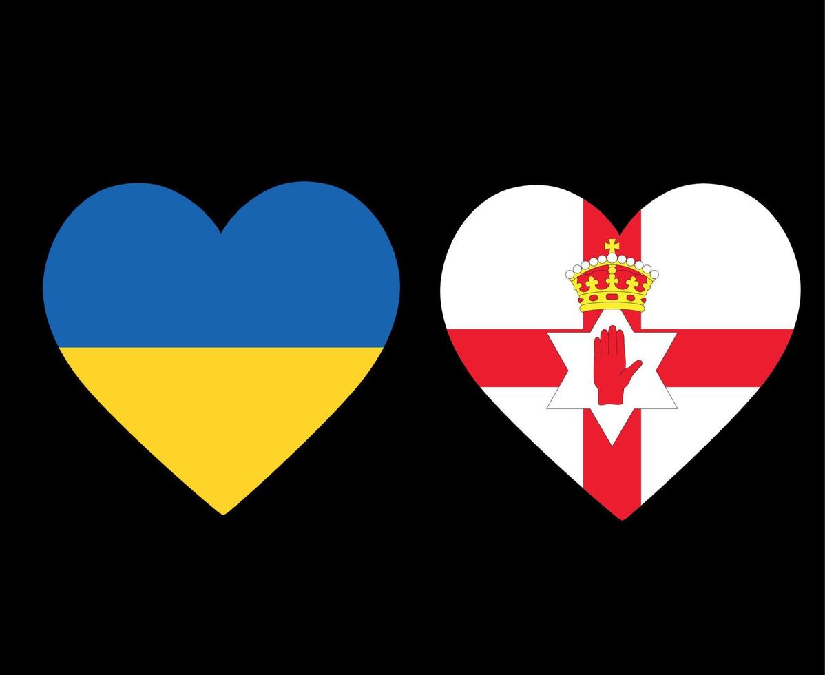 banderas de ucrania e irlanda del norte emblema nacional de europa iconos de corazón ilustración vectorial elemento de diseño abstracto vector