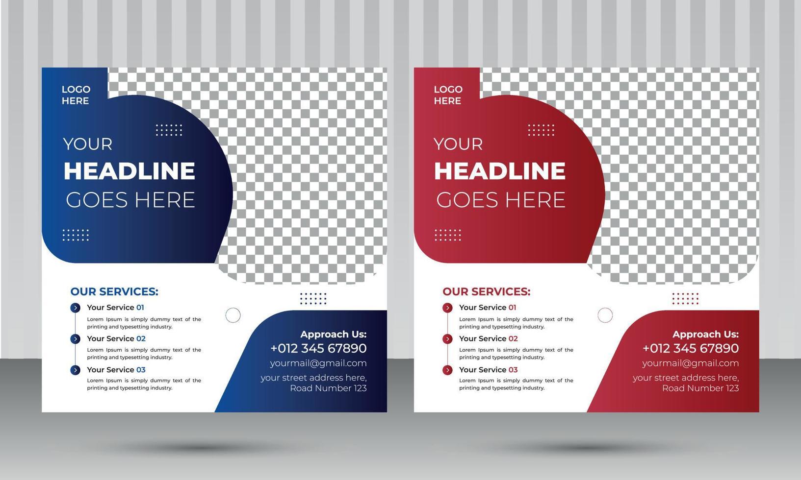 Modern Corporate Social Media Post Design Template with two different eye catching gradient color deep blue and deep red with white Background for Marketing Agency Business vector