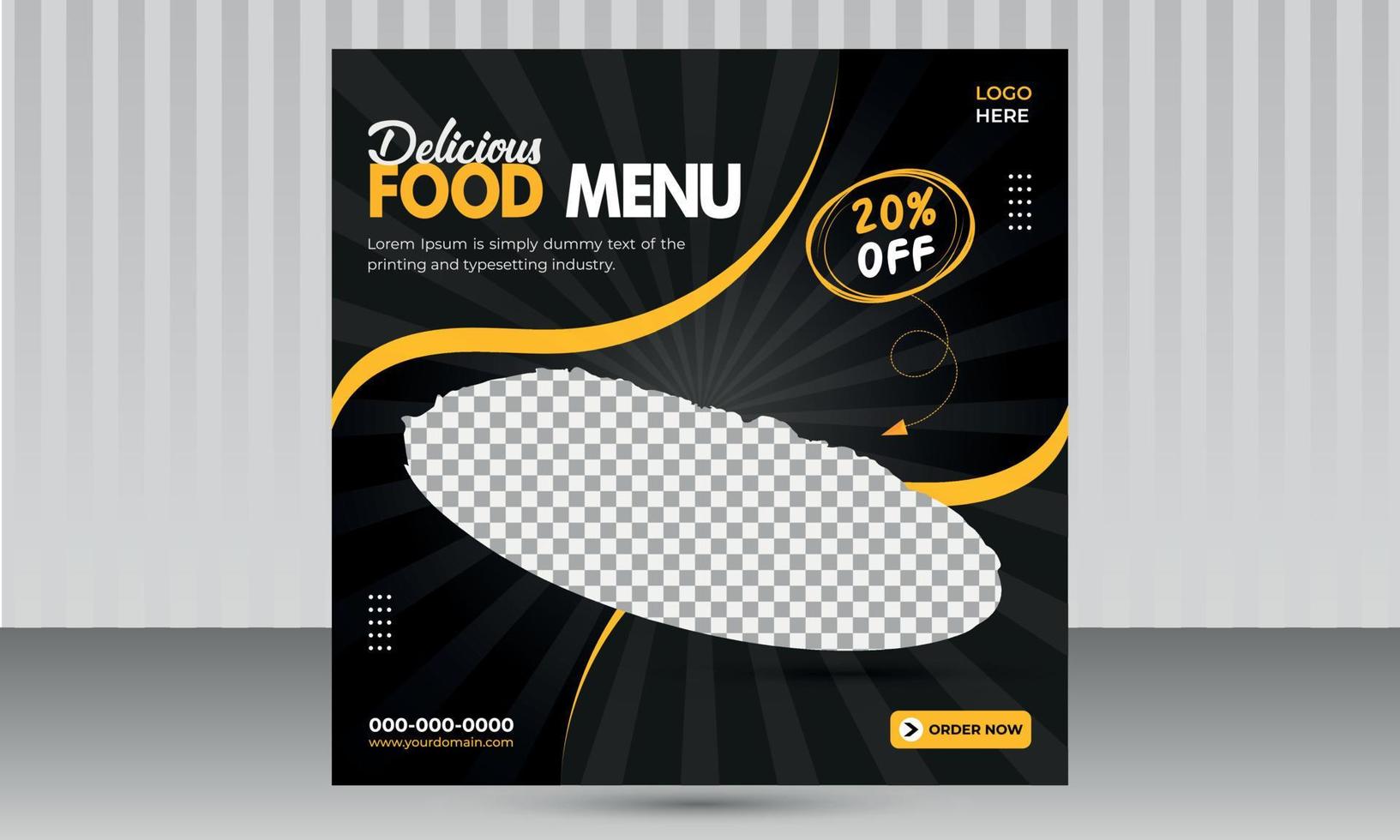 Food Menu Social Media Post and Banner Design Template for restaurant Business with Black Background and Unique Modern Shapes vector