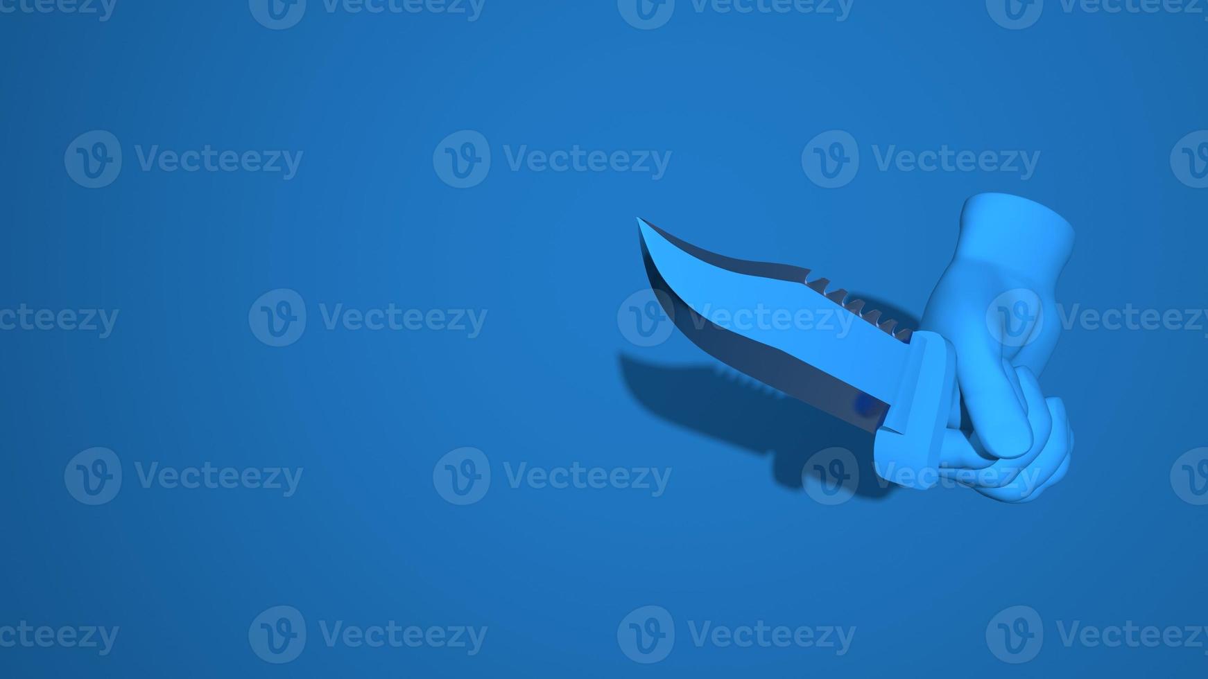 The hand holds a large knife, a dagger. Illustration gesture threat, robbery, crime, murder. Stylish minimal abstract horizontal scene, place for text. Trendy classic blue color. 3D rendering photo