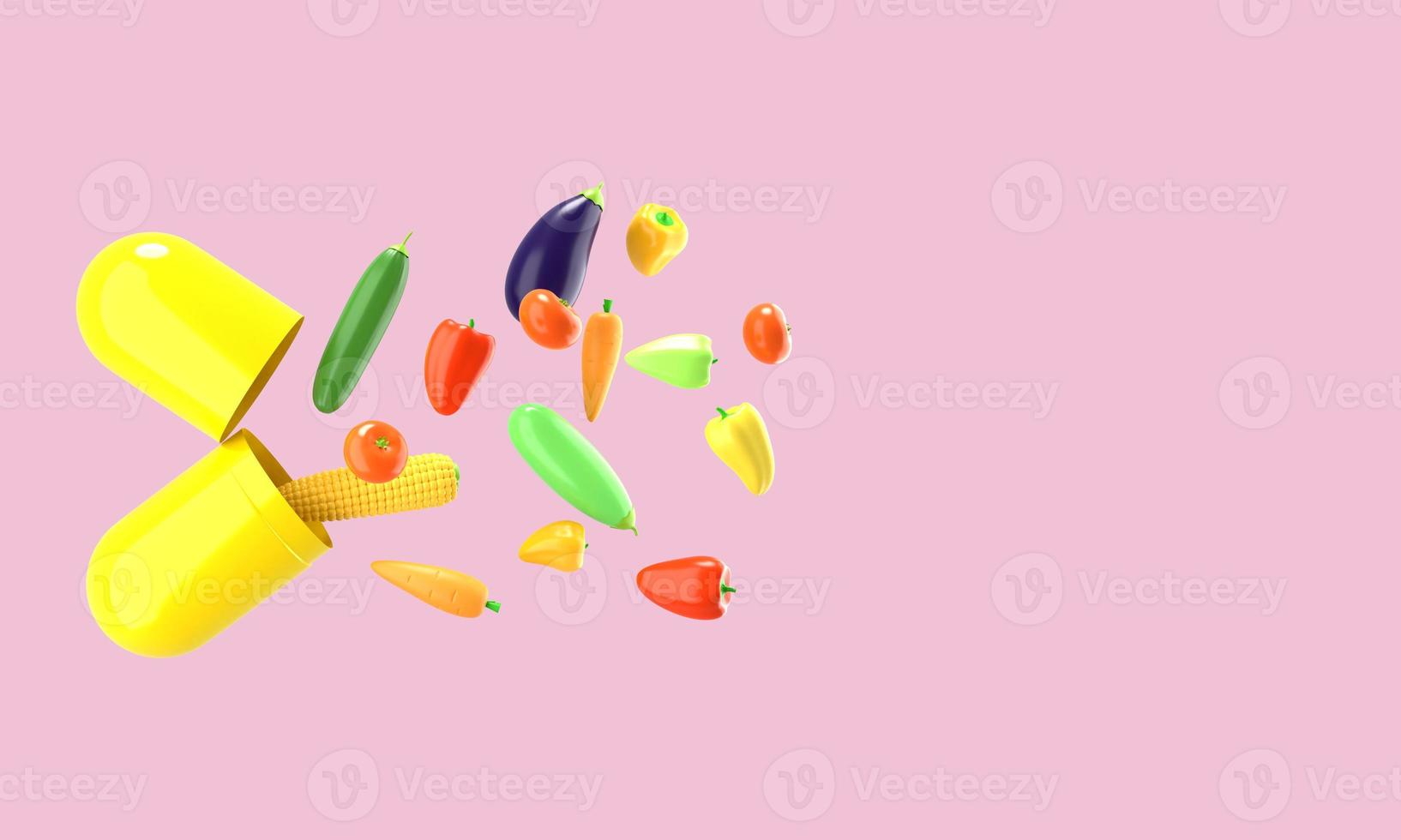 Fresh vegetables fly out of the pill. Conceptual illustration of nutritional supplements with empty space for text. 3D rendering. photo