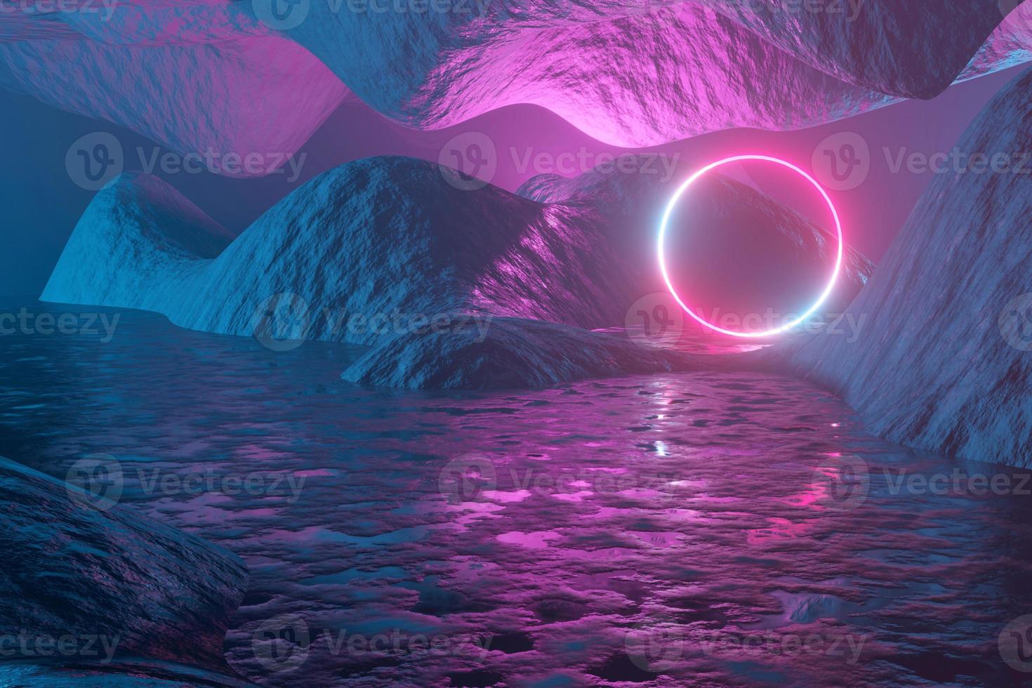 Glowing neon circle, portal, gate against the backdrop of a red-blue abstract fantastic landscape. 3D rendering photo