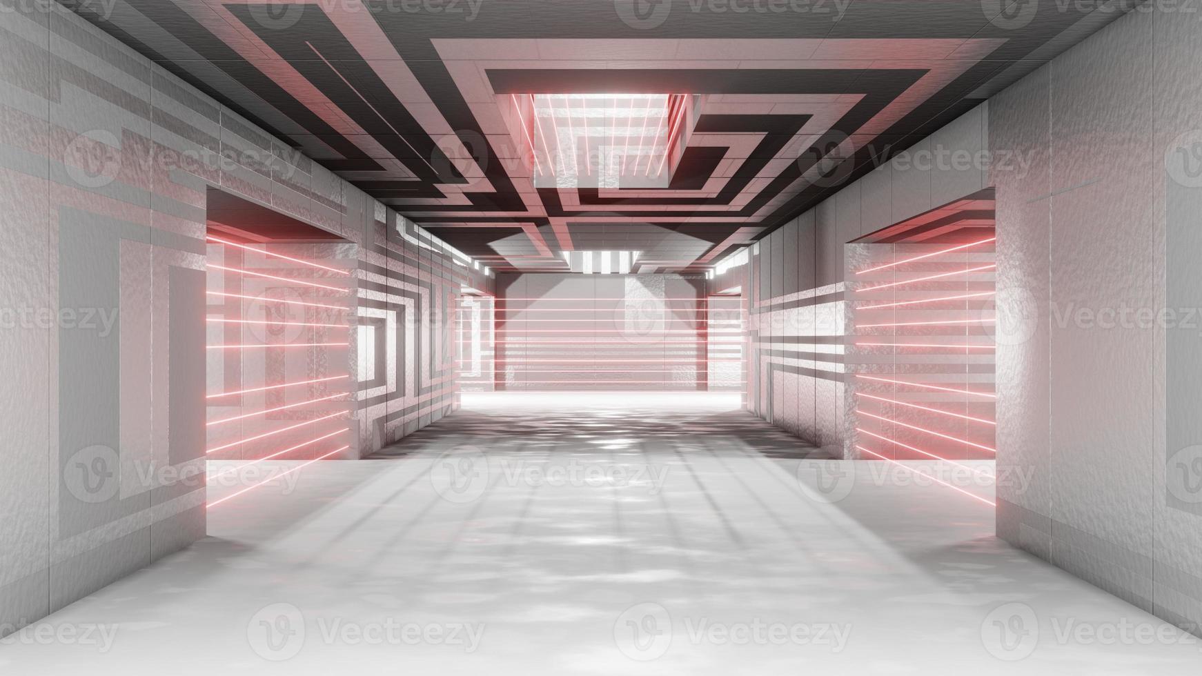 Sci fi interior futuristic room laser alarm protection security prison corridor garage alien space ship pipes communication glowing neon light fog 3D rendering photo