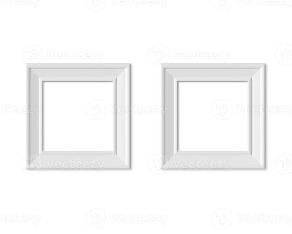 Set 2 1x1 Square picture frame mockup. Realisitc paper, wooden or plastic white blank. Isolated poster frame mock up template on white background. 3D render. photo
