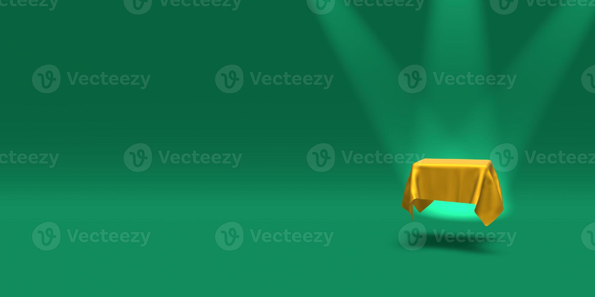 Podium, pedestal or platform covered with gold cloth illuminated by spotlights on green background. Abstract illustration of simple geometric shapes. 3D rendering. photo