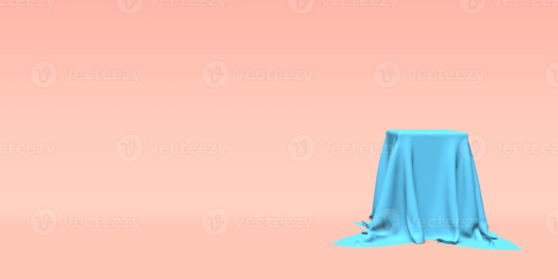 Podium, pedestal or platform covered with blue cloth on pink background. Abstract illustration of simple geometric shapes. 3D rendering. photo