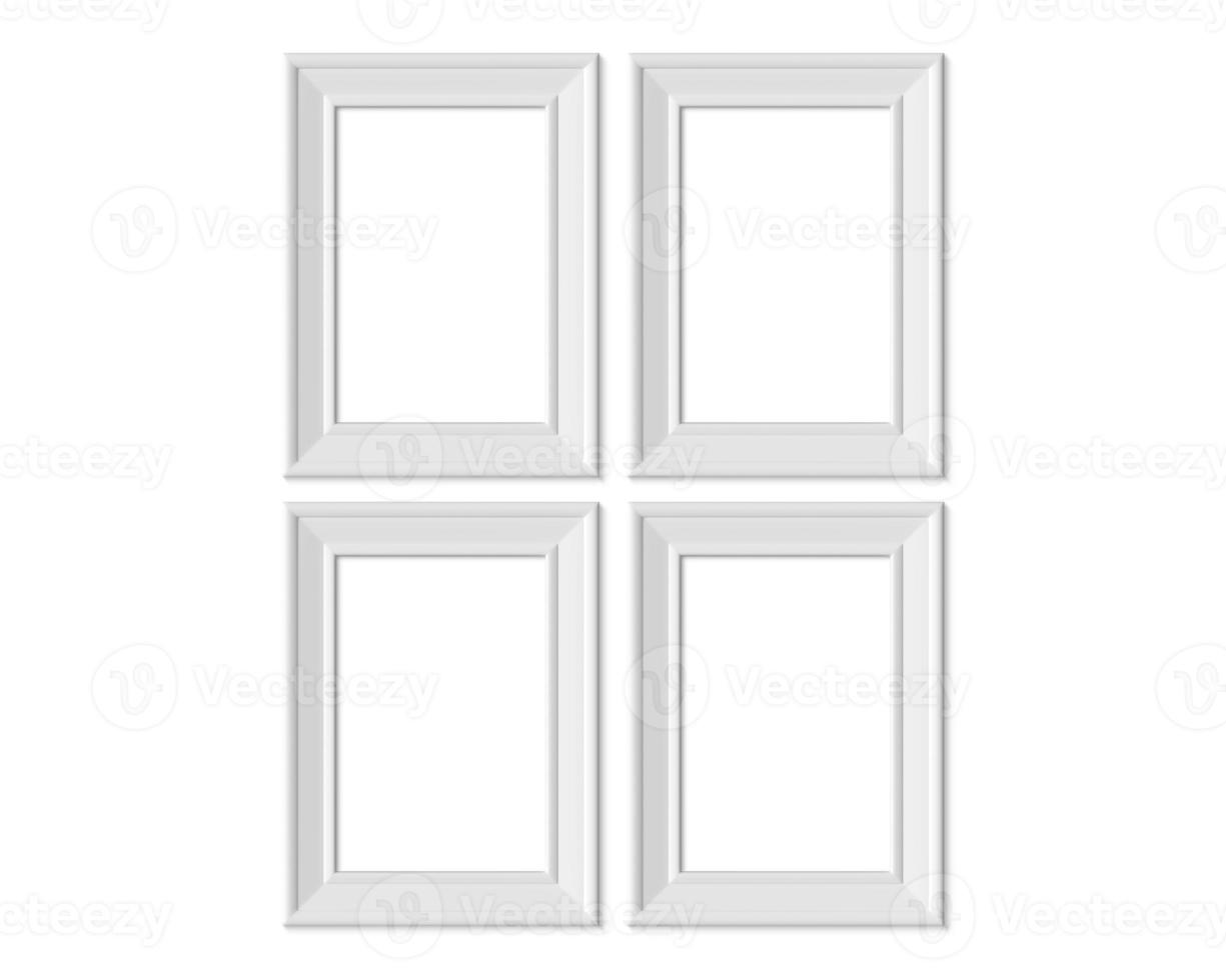 Set 4 2x3 A4 Vertical Portrait picture frame mockup. Realisitc paper, wooden or plastic white blank. Isolated poster frame mock up template on white background. 3D render. photo
