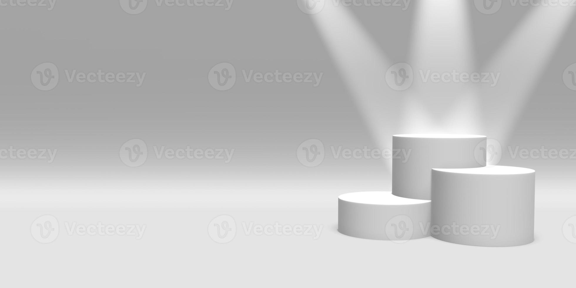 Podium, pedestal or platform white color illuminated by spotlights on white background. Abstract illustration of simple geometric shapes. 3D rendering. photo