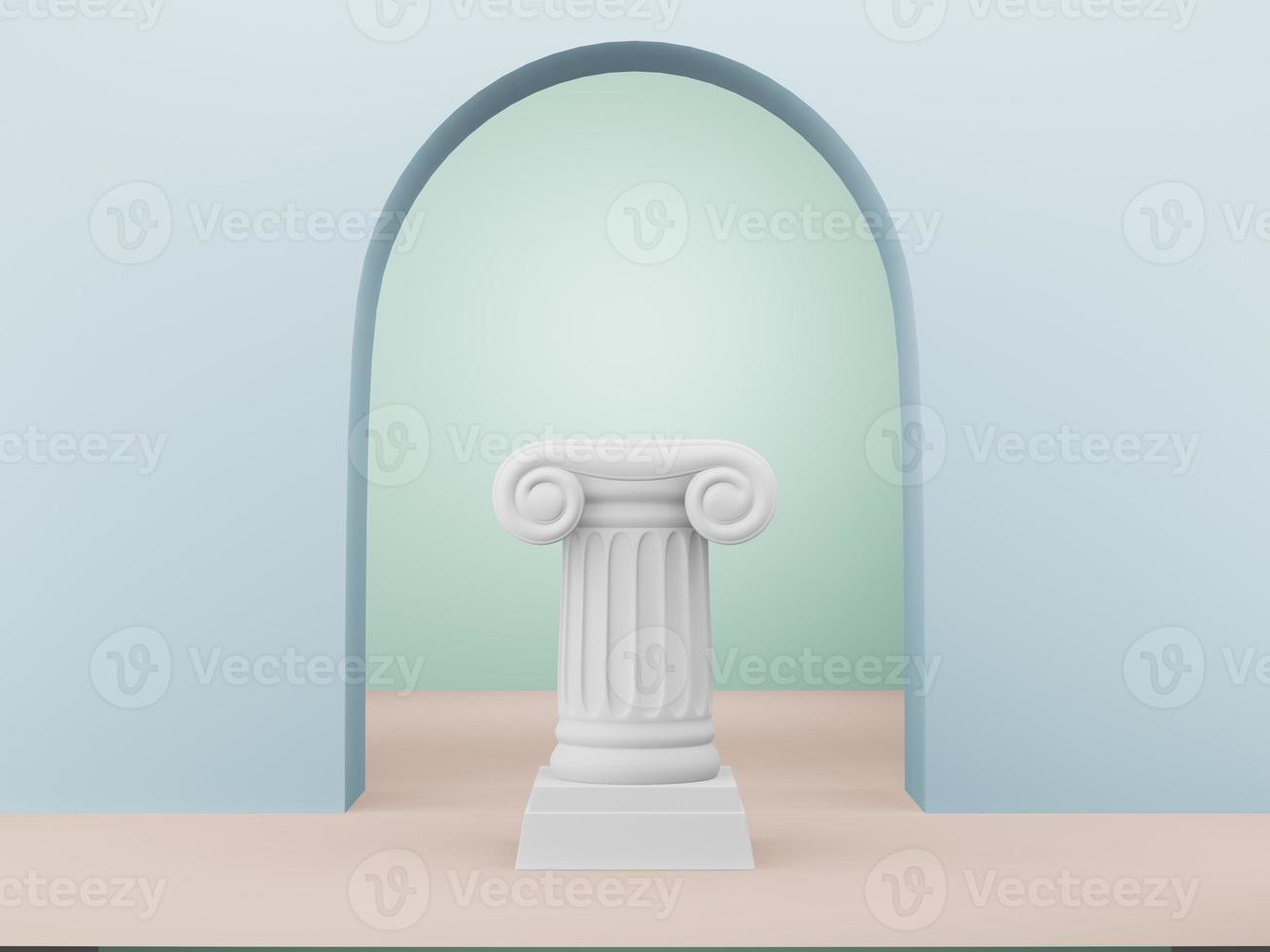 Abstract podium column on the blue background with arch. The victory pedestal is a minimalist concept. 3D rendering. photo