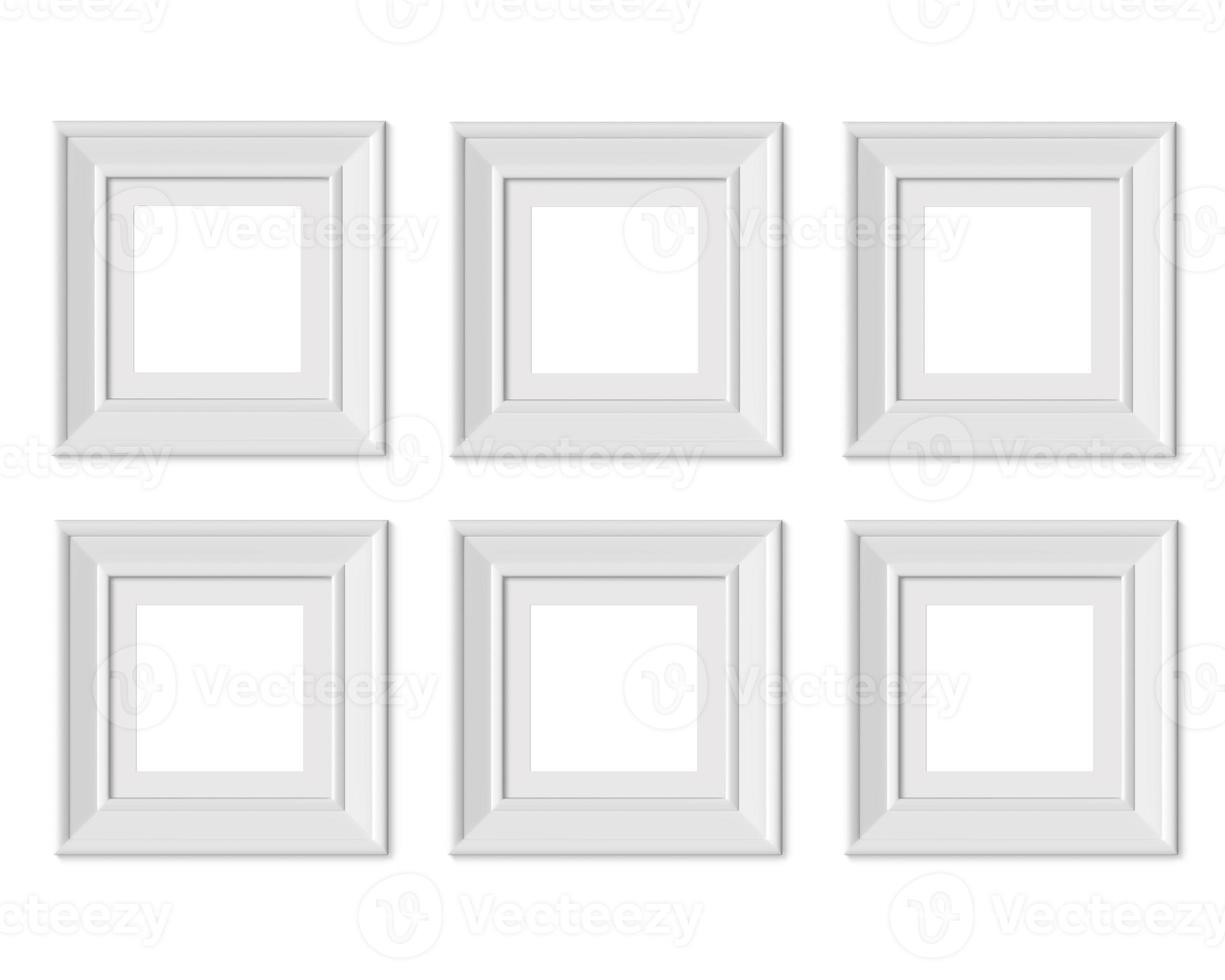 Set 6 1x1 Square picture frame mockup. Framing mat with wide borders. Realisitc paper, wooden or plastic white blank. Isolated poster frame mock up template on white background. 3D render. photo