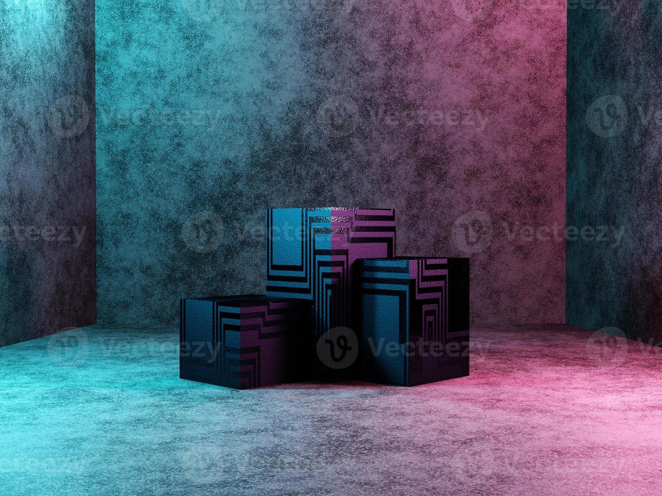 Abstract podium, pedestal or platform - a cubes with Sci-Fi texture on a dark concrete background. The concept of the city or the interior of the future. 3d rendering photo