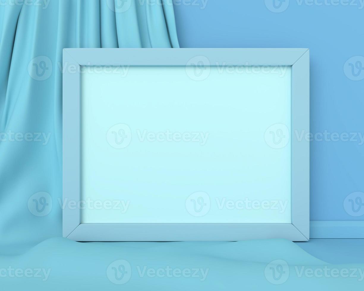 Blue frame horizontal mockup on a blue fabric background abstract image. Minimal concept art business. 3D render. photo