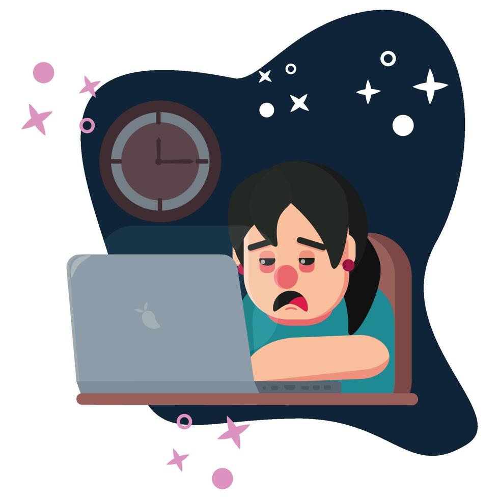 vector illustration of tired woman working in the night with laptop