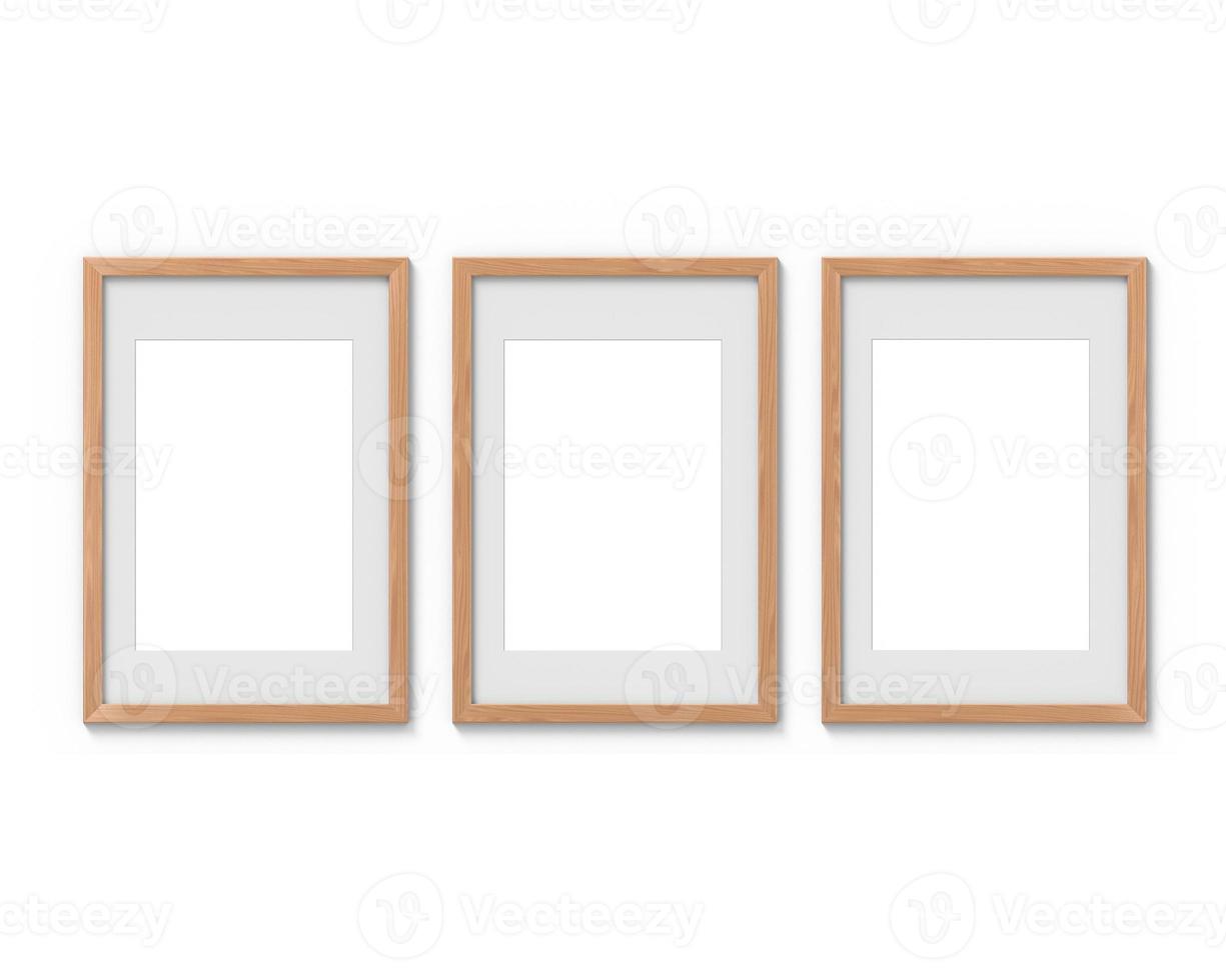 Set of 3 vertical wooden frames mockup with a border hanging on the wall. Empty base for picture or text. 3D rendering. photo