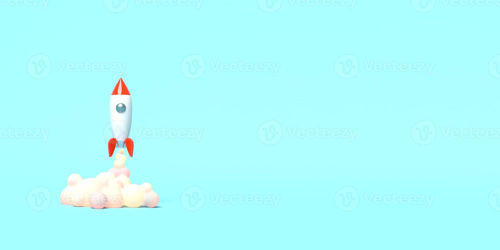 Toy rocket takes off from the books spewing smoke on a blue background. Symbol of desire for education and knowledge. School illustration. 3D rendering. photo