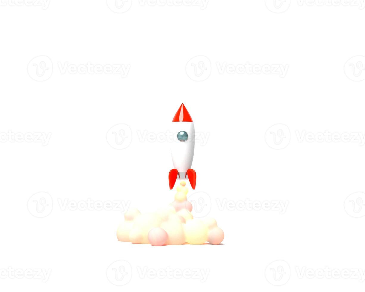 Toy rocket takes off from the books spewing smoke on a white background. Symbol of desire for education and knowledge. School illustration. 3D rendering. photo