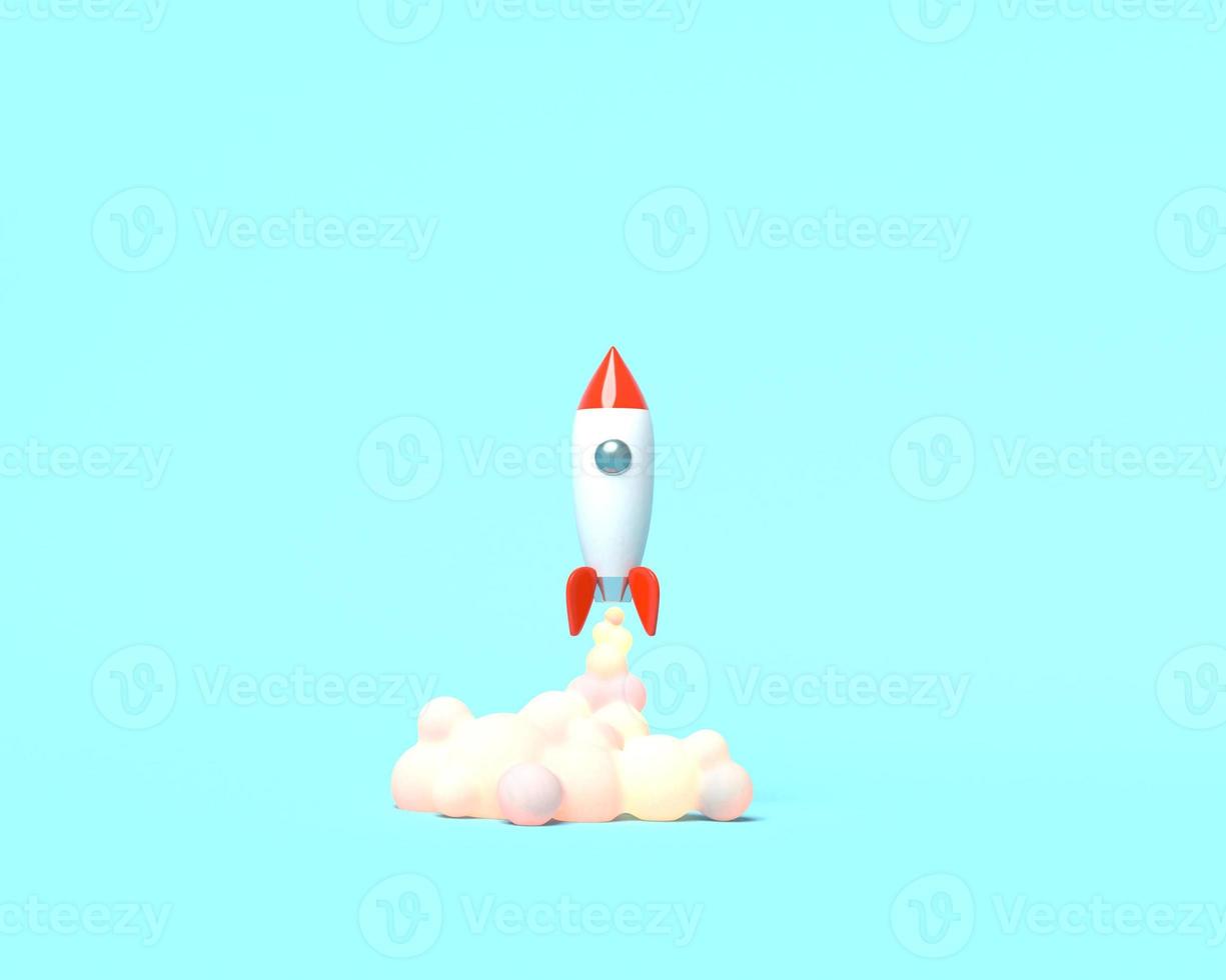 Toy rocket takes off from the books spewing smoke on a blue background. Symbol of desire for education and knowledge. School illustration. 3D rendering. photo