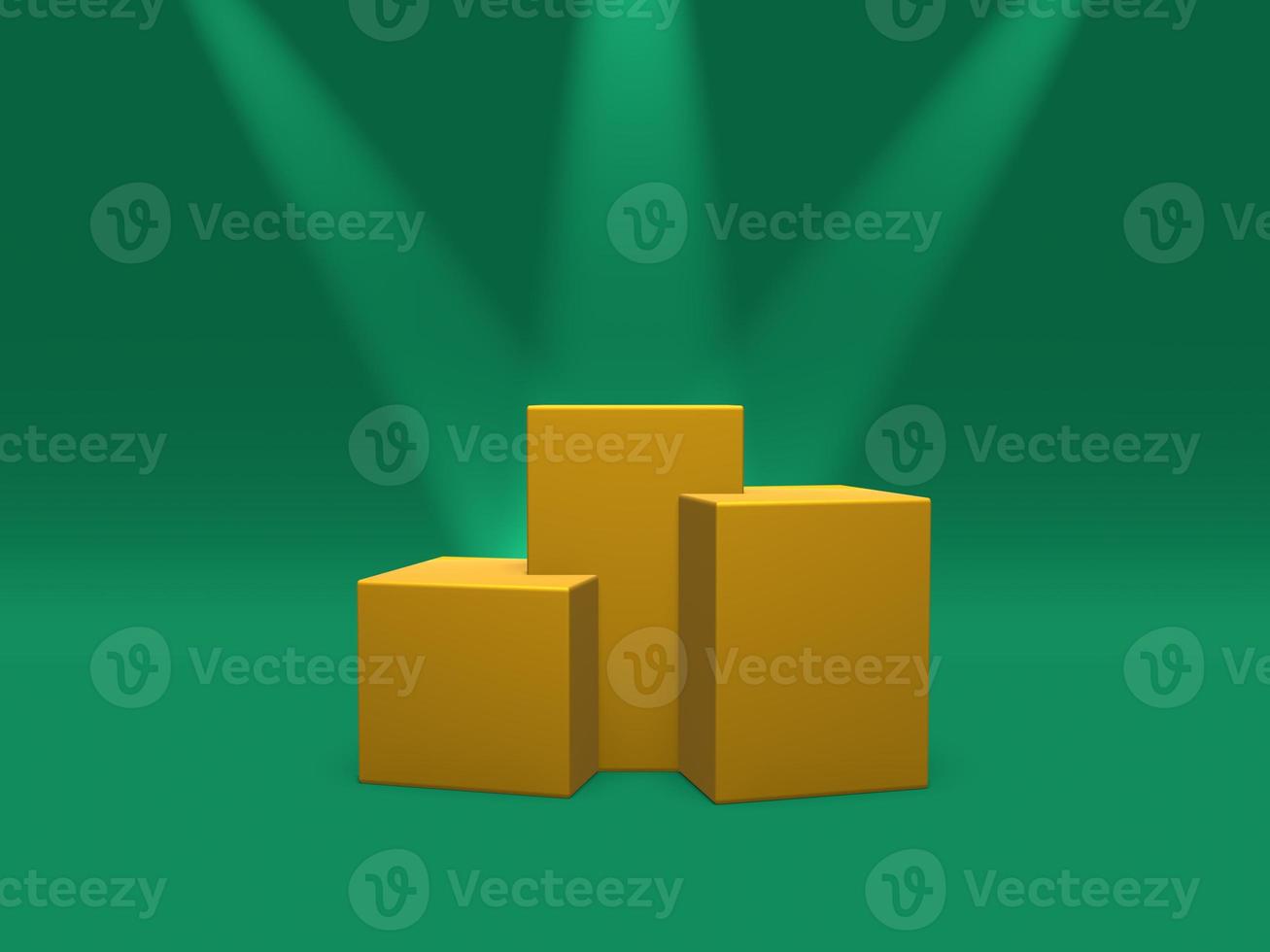 Podium, pedestal or platform gold color illuminated by spotlights on green background. Abstract illustration of simple geometric shapes. 3D rendering. photo