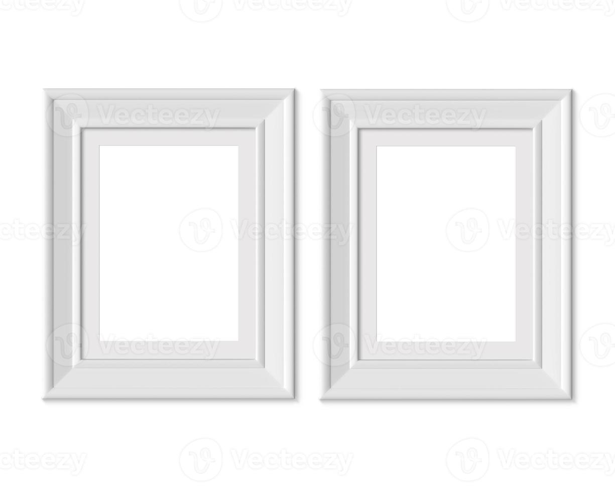 Set 2 3x4 Vertical Portrait picture frame mockup. Framing mat with wide borders. Realisitc paper, wooden or plastic white blank . Isolated poster frame mock up template on white background. 3D render. photo