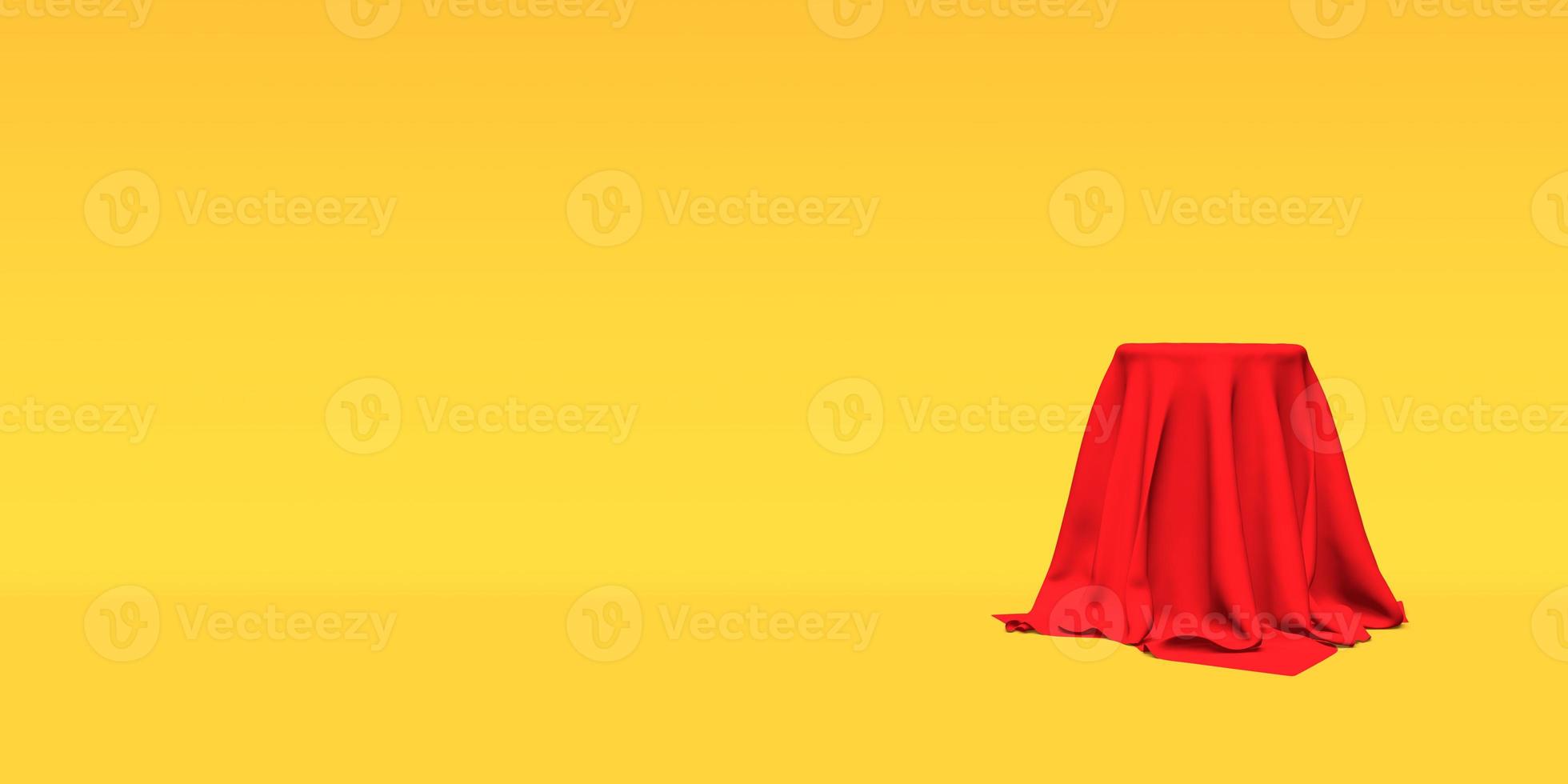 Podium, pedestal or platform covered with red cloth on yellow background. Abstract illustration of simple geometric shapes. 3D rendering. photo