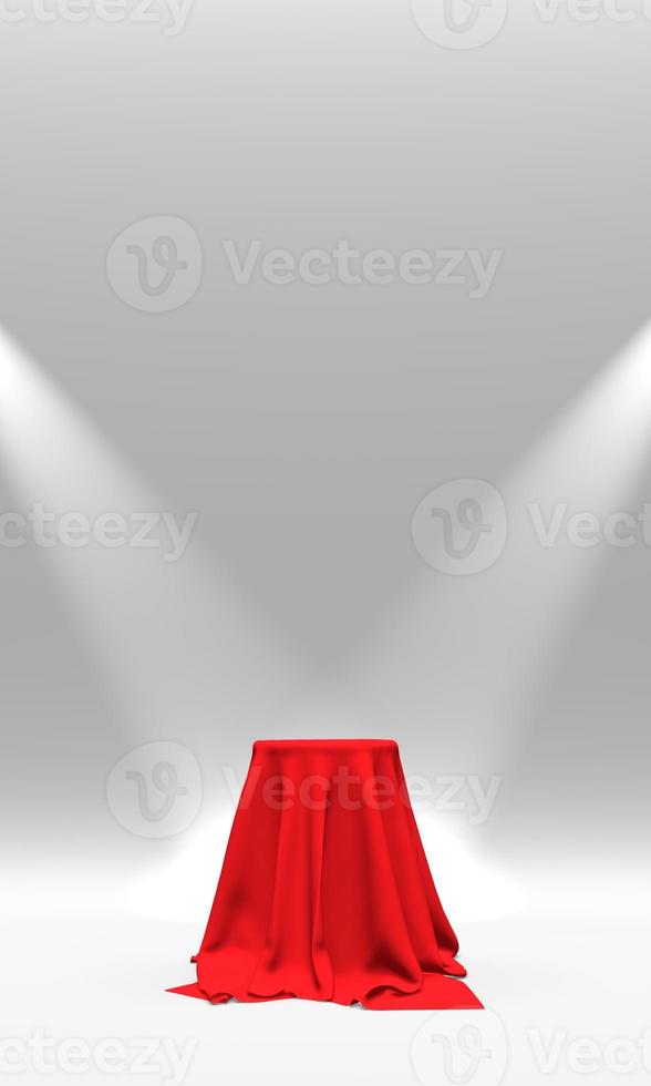 Podium, pedestal or platform covered with red cloth illuminated by spotlights on white background. Abstract illustration of simple geometric shapes. 3D rendering. photo