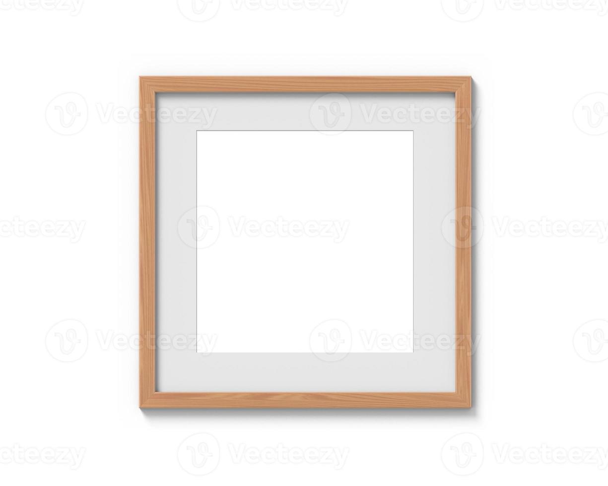 Square wooden frames mockup with a border hanging on the wall. Empty base for picture or text. 3D rendering. photo