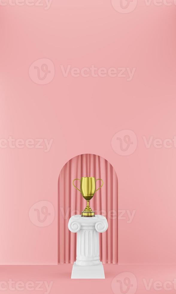 columna de podio abstracta con un trofeo dorado en el fondo rosa con arco. el pedestal de la victoria es un concepto minimalista. representación 3d foto