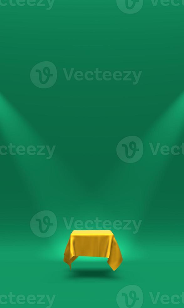 Podium, pedestal or platform covered with gold cloth illuminated by spotlights on green background. Abstract illustration of simple geometric shapes. 3D rendering. photo