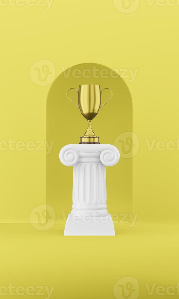 Abstract podium column with a golden trophy on the yellow background with arch. The victory pedestal is a minimalist concept. 3D rendering. photo