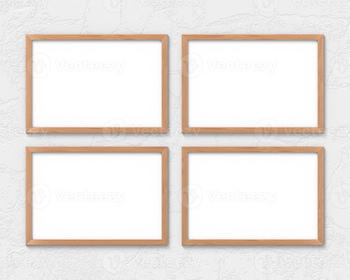 Set of 4 horizontal wooden frames mockup hanging on the wall. Empty base for picture or text. 3D rendering. photo