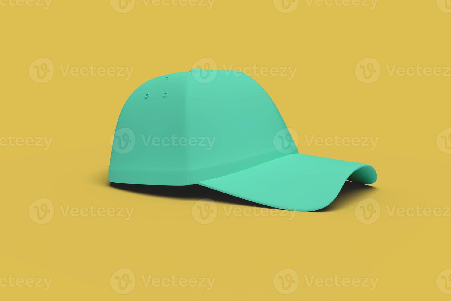 Green baseball hat on a yellow background abstract image. Minimal concept sport business. 3D render. photo