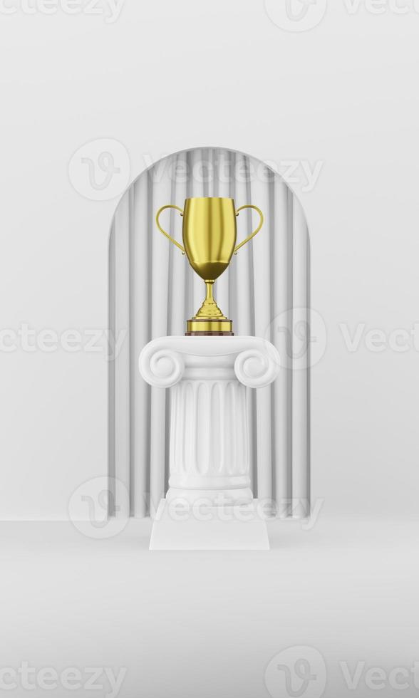 columna de podio abstracta con un trofeo dorado sobre fondo blanco con arco. el pedestal de la victoria es un concepto minimalista. representación 3d foto