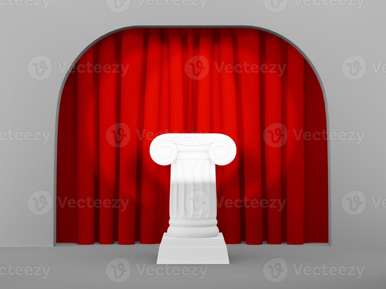 Abstract podium column on the light gray background arch with red curtian. The victory pedestal is a minimalist concept. 3D rendering. photo