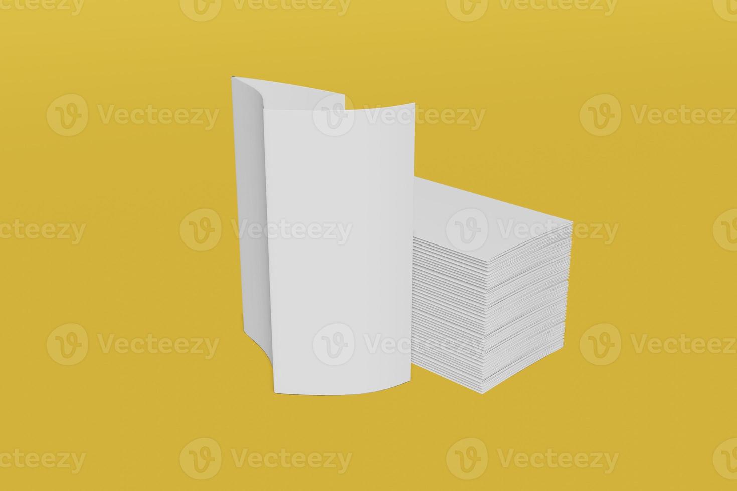 Stack of blank Tri fold booklet mockup on a yellow background. 3D rendering photo