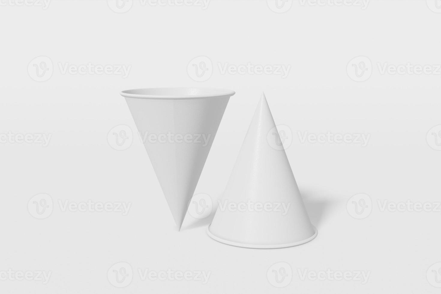 Two paper cups mockup cone shaped on a white background. One of the cups is turned upside down. 3D rendering photo