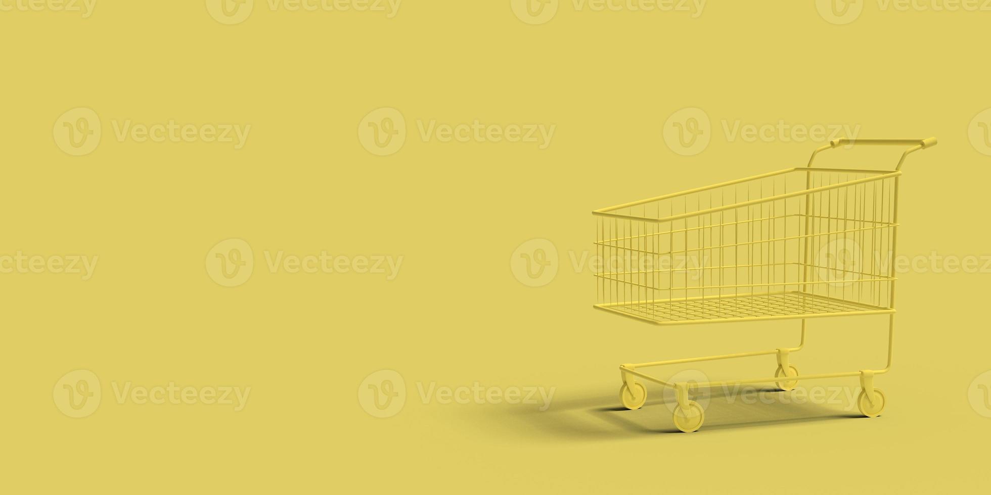 Yellow shop cart on a yellow background abstract image. Minimal concept shopping business. 3D render. photo