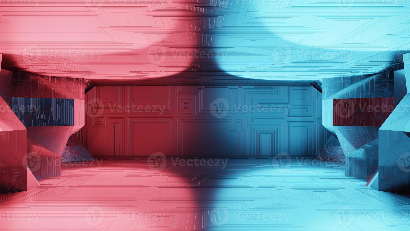 3d rendering sci-fi interior. Landscape of a fantastic alien city. Futuristic abstract polygonal metal background, neon light. Modern podium concept. photo