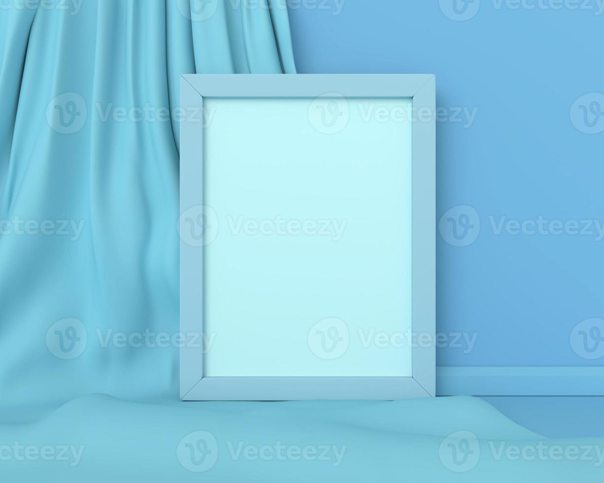 Blue frame vertical mockup on a blue fabric background abstract image. Minimal concept art business. 3D render. photo