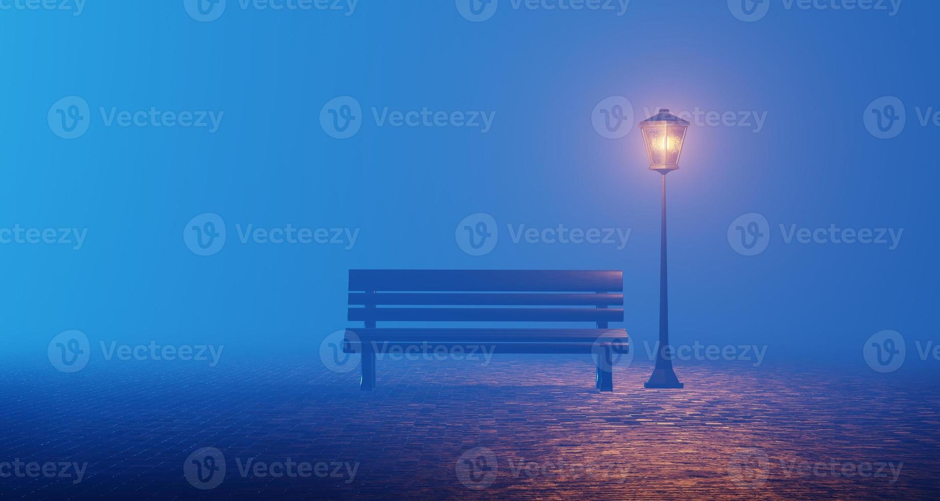 Night park blue fog bench lantern. Surrealistic cartoon minimalistic scene lonely, empty. Cinematic light glowing smoke. 3D rendering photo