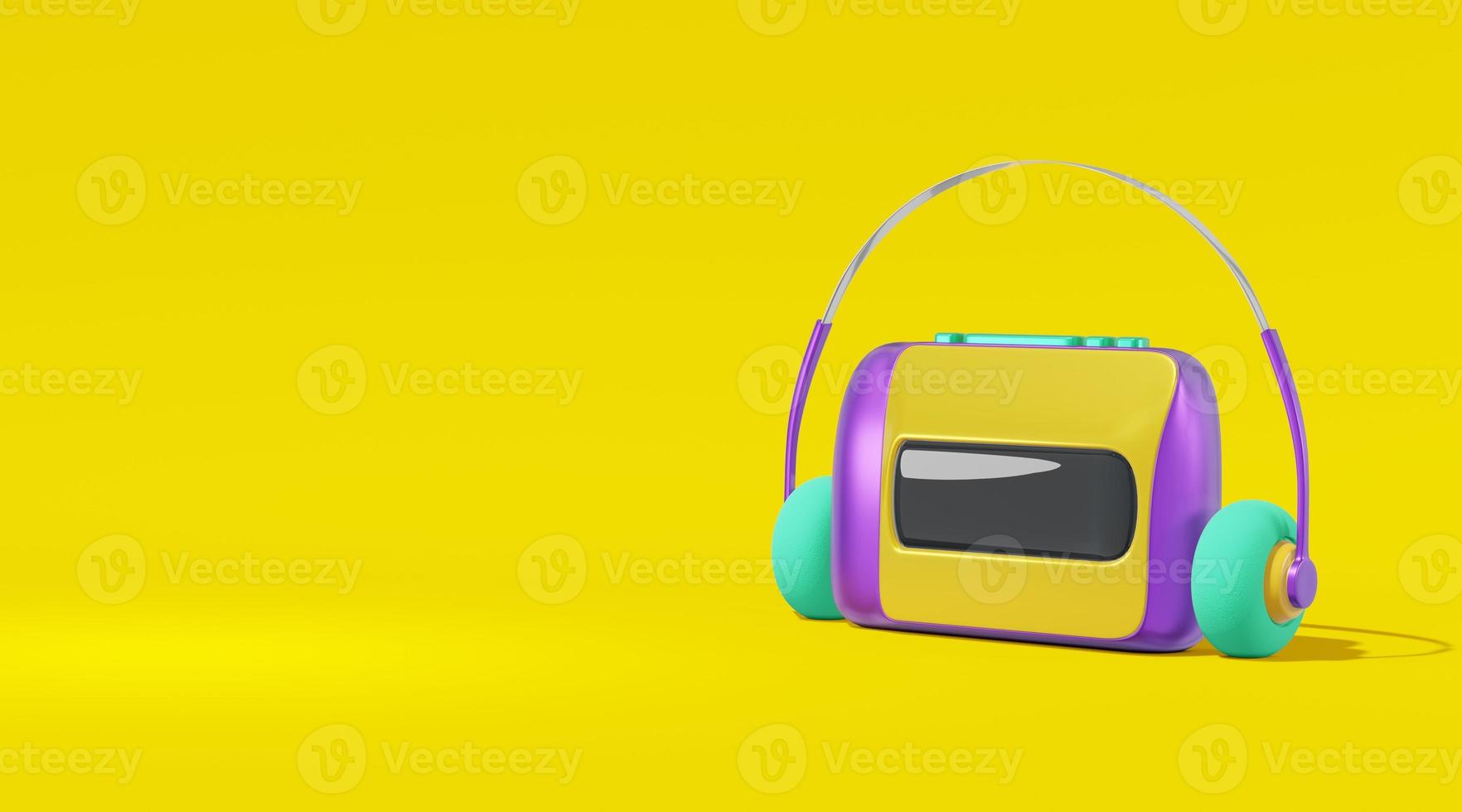 Audio player cassette cartoon style yellow background. Realistic concept toy tape recorder, headphones purple, green text space illustration. 3D rendering photo
