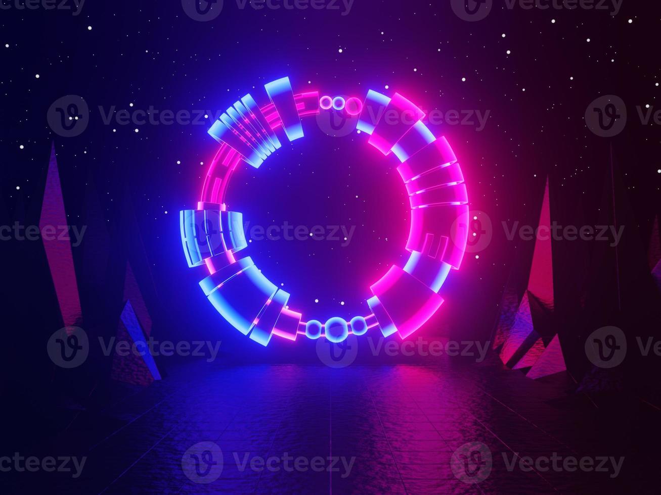 Neon glowing gate, portal, entrance, abstract blue and pink background. 3d rendering. photo