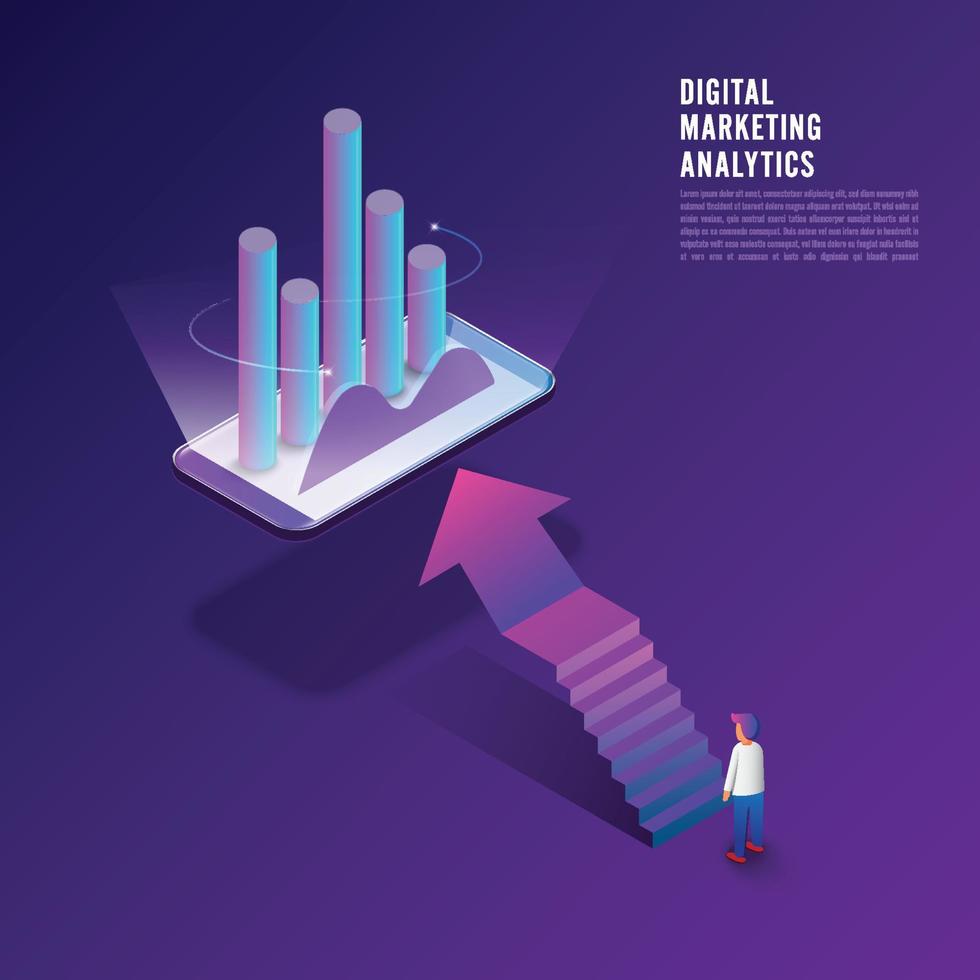 concepto de diseño plano información de datos de análisis de marketing digital del cliente con el hombre de negocios y la mujer de pie a través de la computadora. ilustrador de vectores. vector