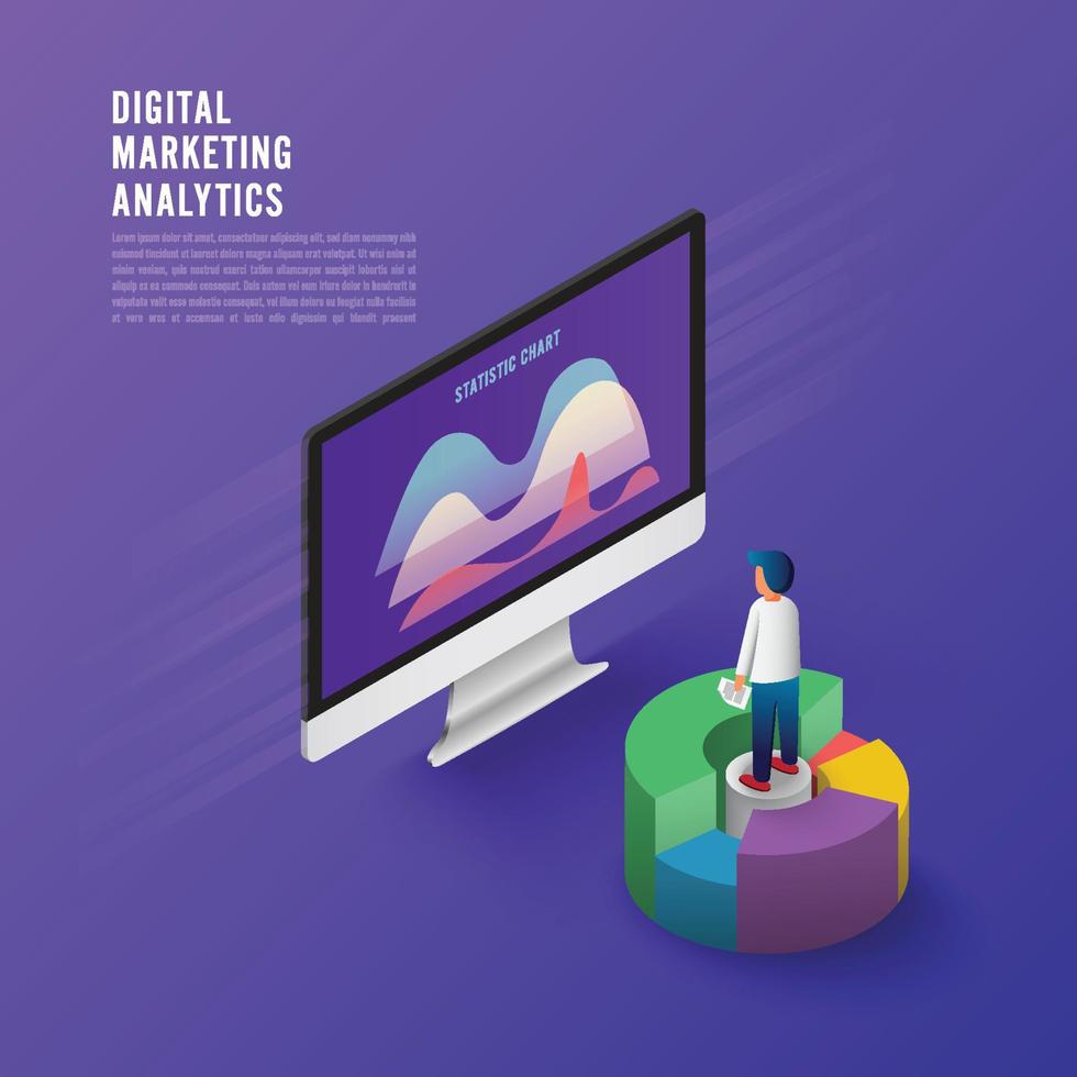 estrategia de negocio de concepto de diseño plano. Diseño plano isométrico 3d. análisis de datos e inversión. éxito empresarial. revisión financiera con computadora portátil y elementos infográficos. ilustración vectorial vector