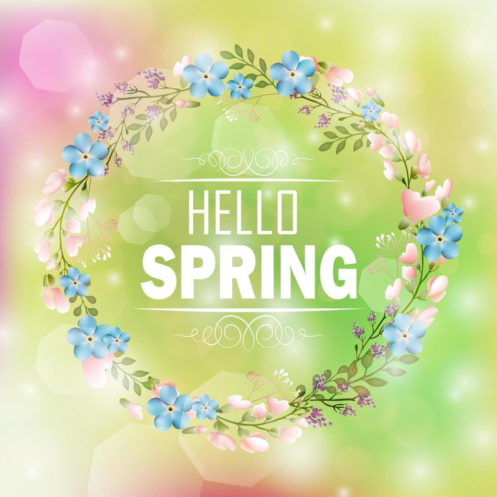 Circle floral frame with text hello spring and bokeh background.Vector vector