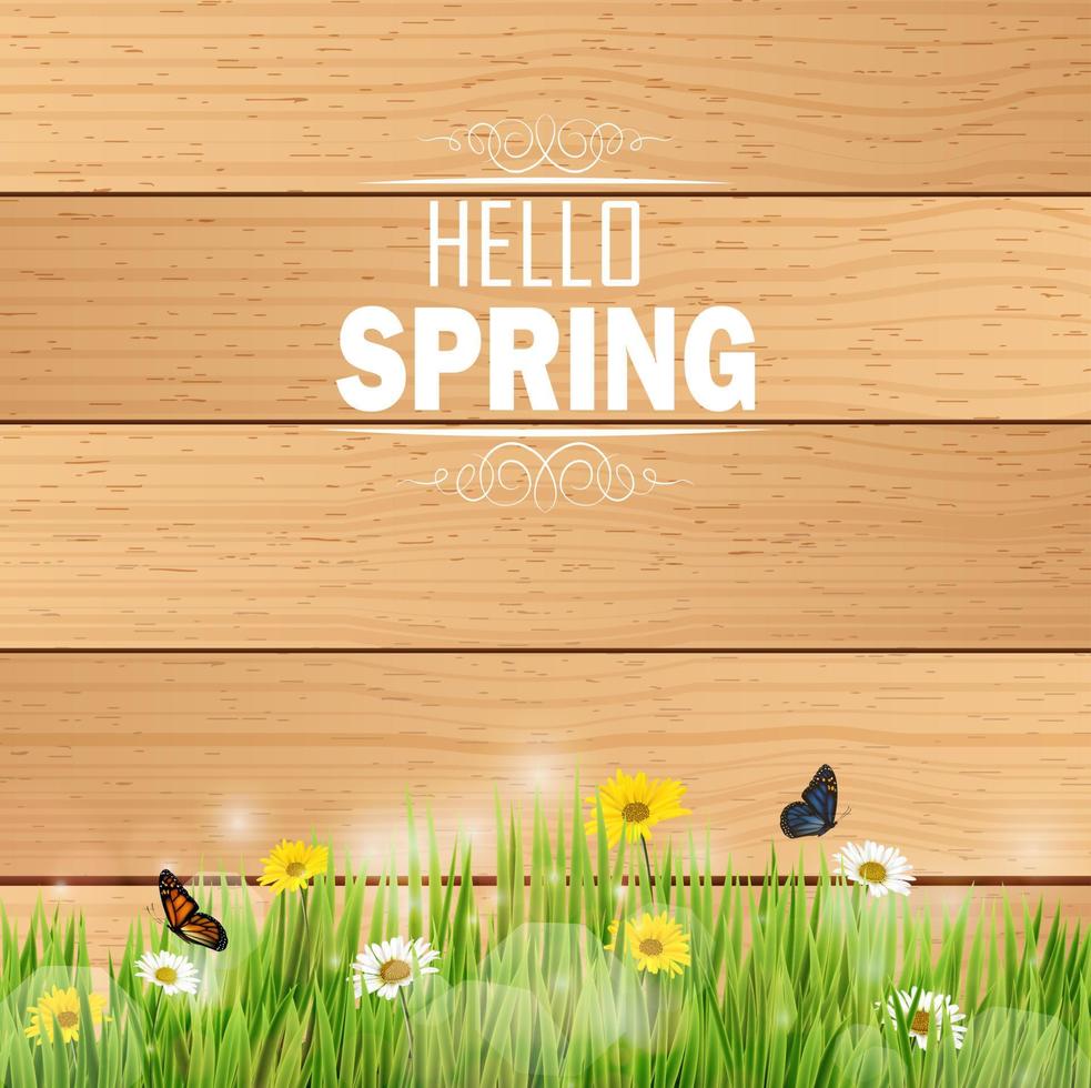 Spring in grass against a wooden background.Vector vector