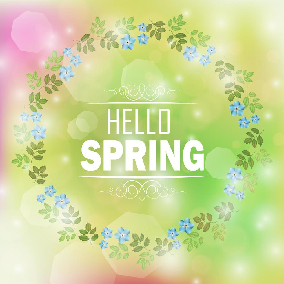 Circle floral frame with text hello spring and bokeh background.Vector vector