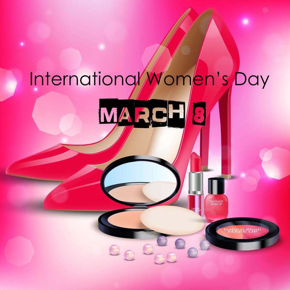 Happy Women's Day background with ladies shoe and cosmetics vector
