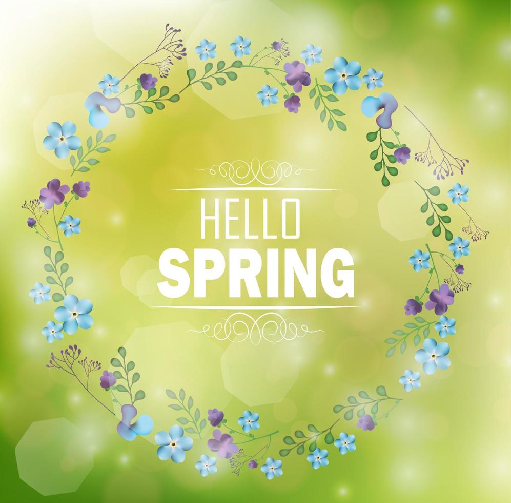 marco floral circular con texto hola primavera y fondo bokeh vector