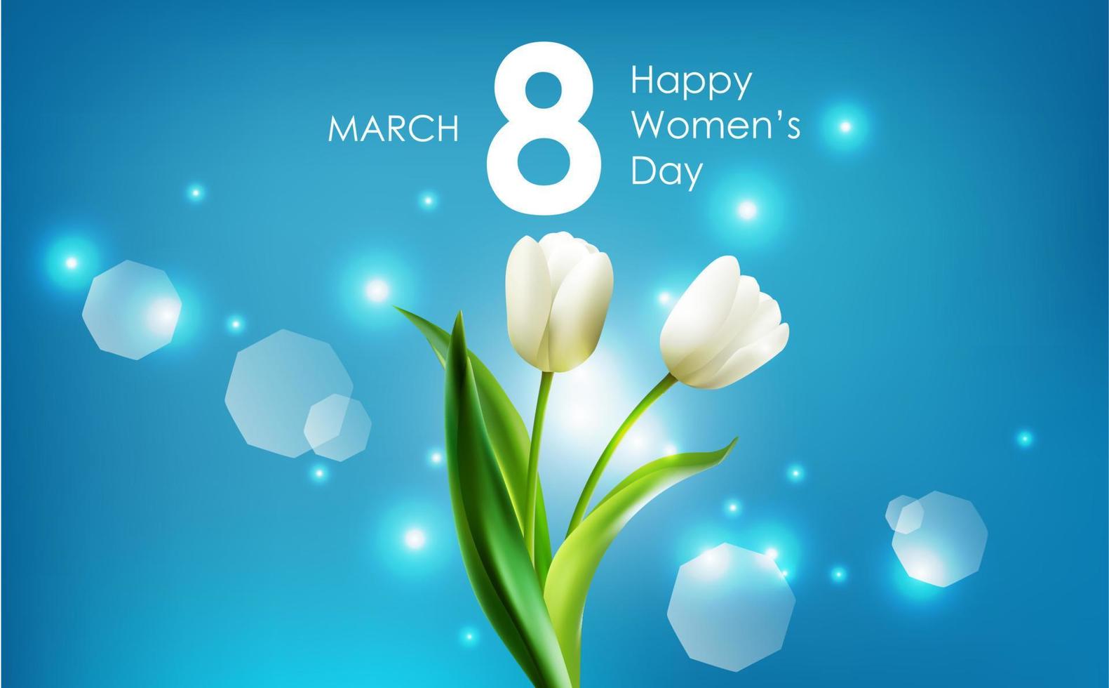 Happy women's day and white tulips flowers on blue background.Vector vector